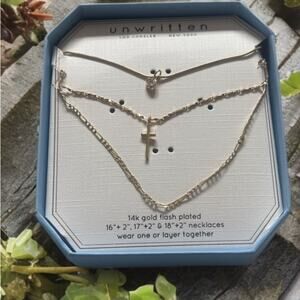 NIB Unwritten Womens 14k Gold Flash Plated Cross Solitaire Layered Necklace Set⁠